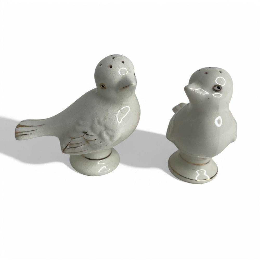 Dove‎ Bird Salt and Pepper Shakers VTG White Gold Mid Century 3" High